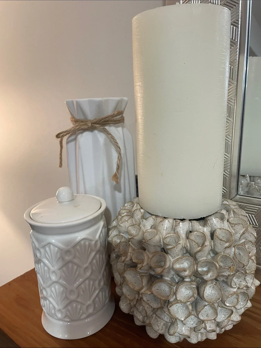 Neutral White Ceramic Accent Jar and Decorative Candle Holder Set